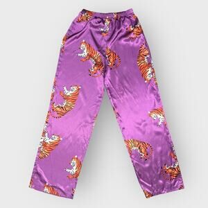 Nasty Gal Tiger Print Pajama Pant 2 Purple Satin Pull On Loungewear Vintage Glam